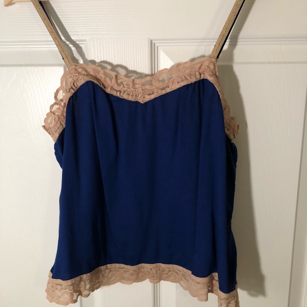 Blue slinky blouse with tan lace trim